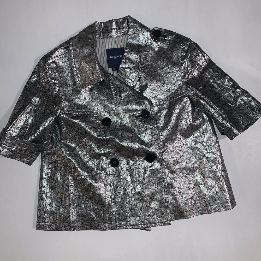 GRYPHON SILVER FOIL BLACK COVERED CROPPED SWING LINEN JACKET Sz M #191 - Picture 2 of 7
